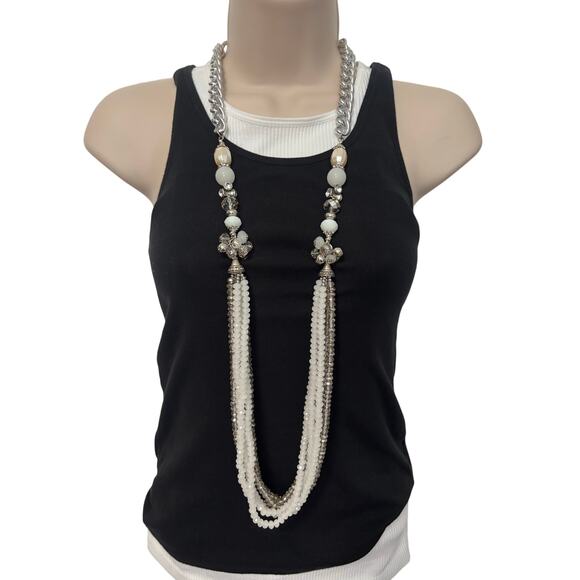 Women's Multi-Strand Statement Chunky White Beaded Silver Tone Chain Necklace - Picture 1 of 8